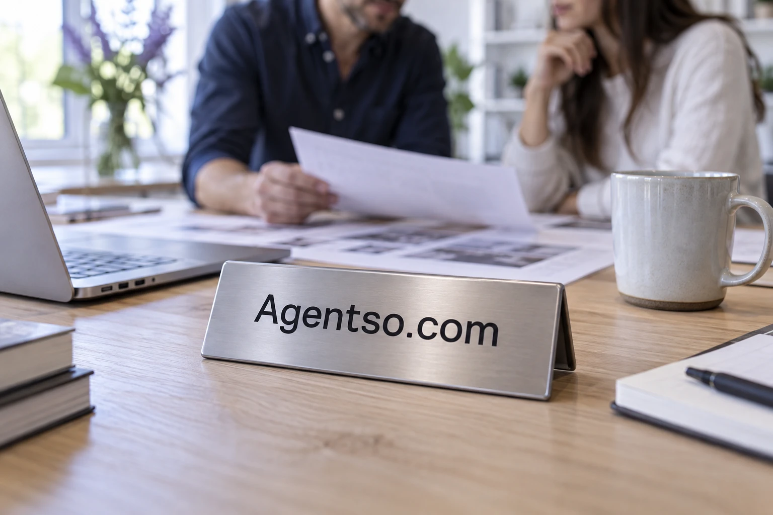 People collaborating around a table with an Agentso.com desk sign